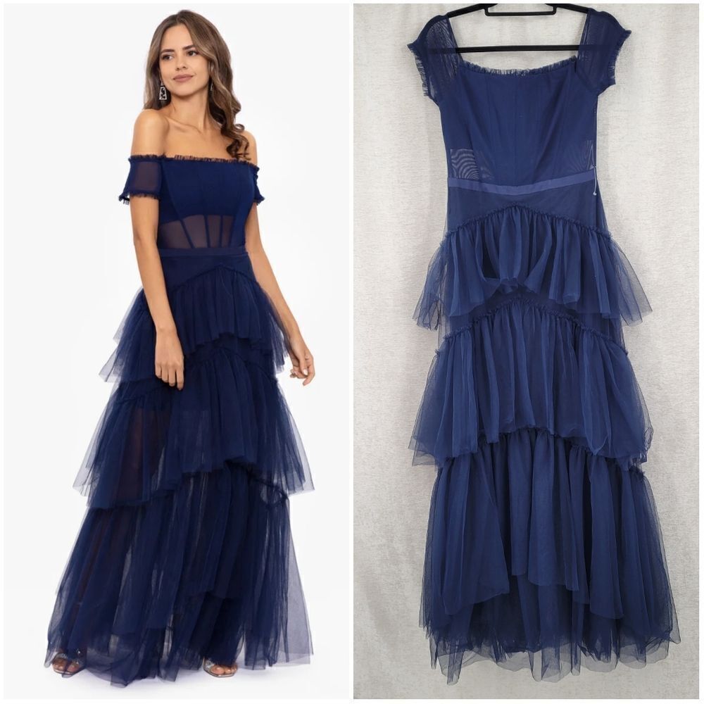 Betsy & Adam Navy Blue Off-Shoulder Formal See Through Corset Prom Dress